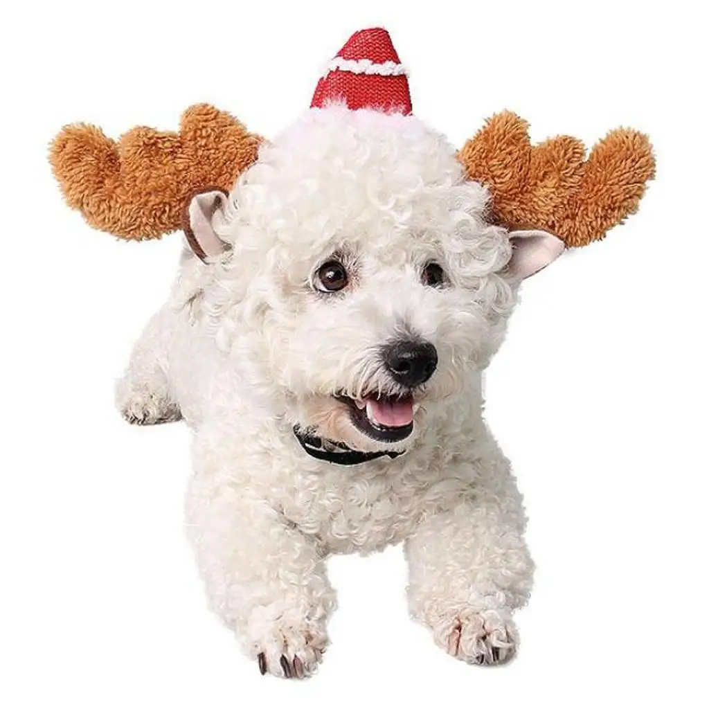 Reindeer Antlers Christmas Head Hoop with Red Santa Hat Decor, Puppy Dog Headband Headwear Hair Hoop for Christmas Costume