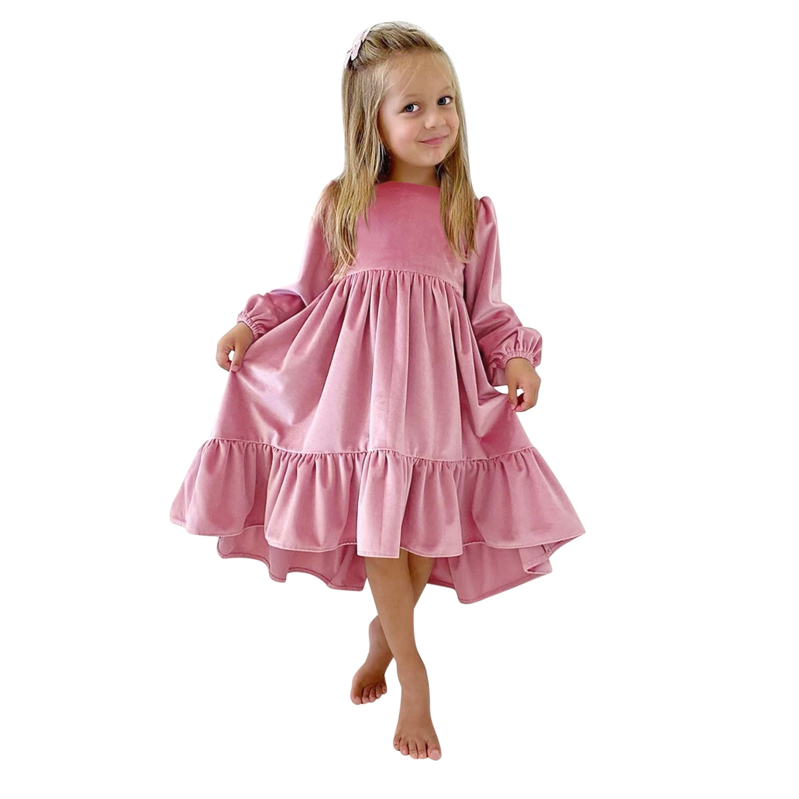 Girl Ruffle Dress Kids Little Party Vestido Autumn Winter Long Sleeve Solid Irregular Princess Ruffle Casual Party Dresses