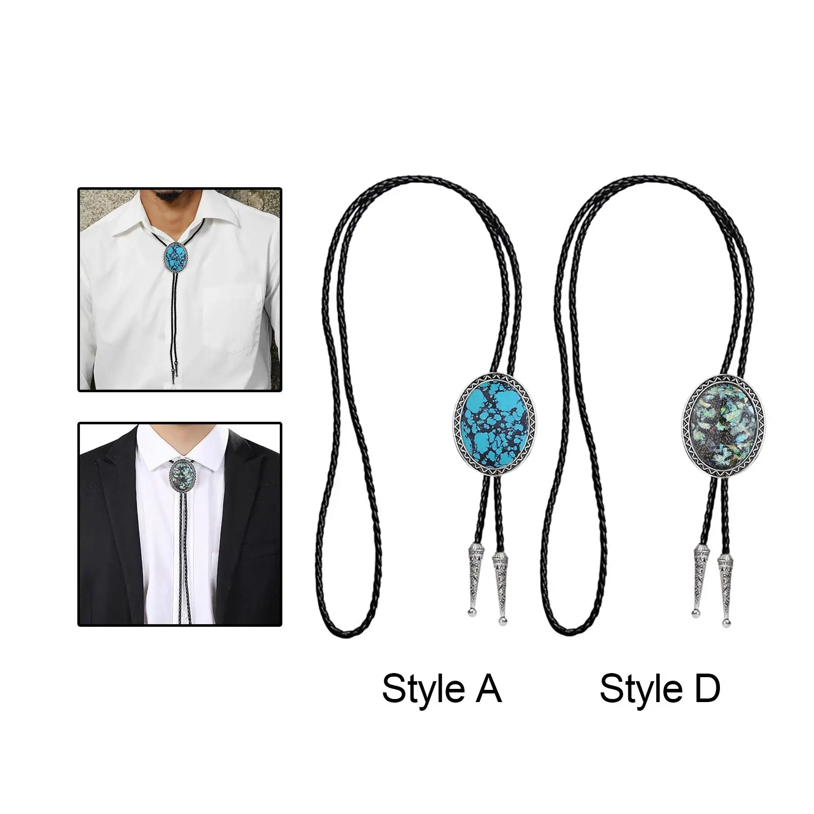 Retro Mens Bolo Tie Oval Shape Accessories Stone PU Leather Necktie Necklace for Cowboy Halloween Jazz Hat Birthday Graduation