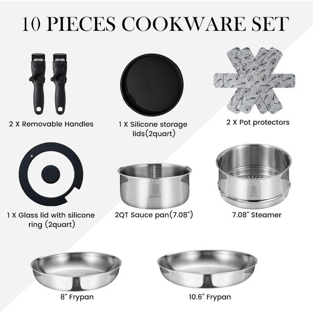 ROYDX Pots and Pans Set 20 Piece Stainless Steel Kitchen Removable Handle  Coo