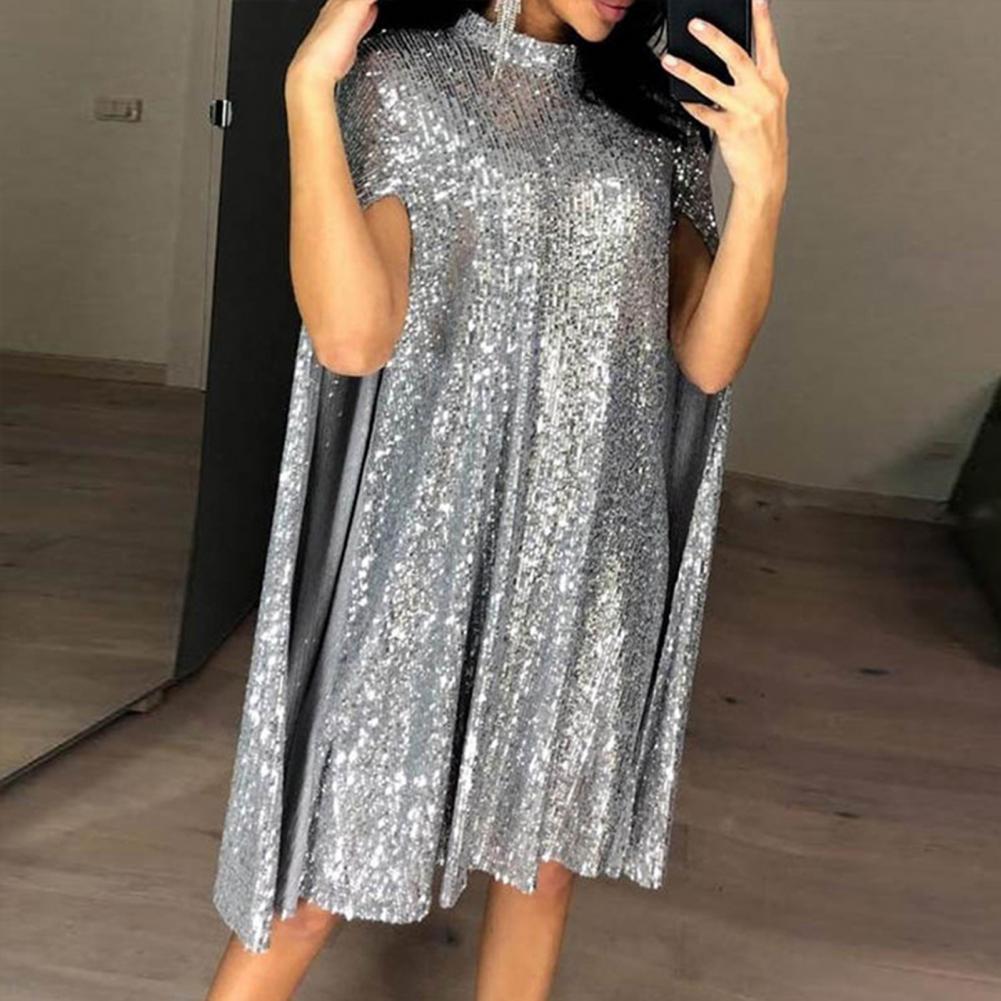 Vestido de festa com glitter feminino, Gola