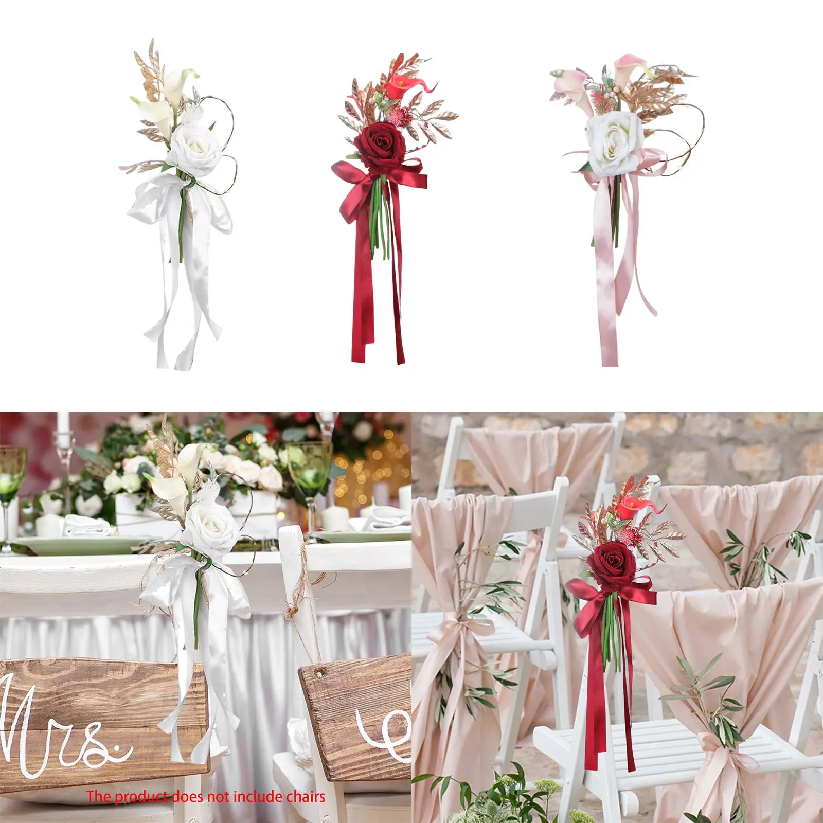 Chair Back Flowers and Ribbons Artificial Rose Flower Aisle Pew Flower Arrangement for Party Banquet Birthday Wedding Decoration