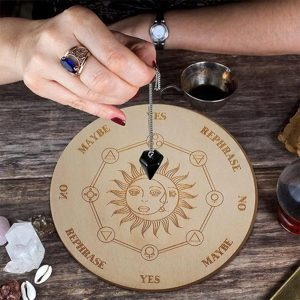 Wooden Slice Pendulum Board with Stars Sun Moon Design for Divination Message Board Wood Pendant Pendulum Wall Art Home Decor