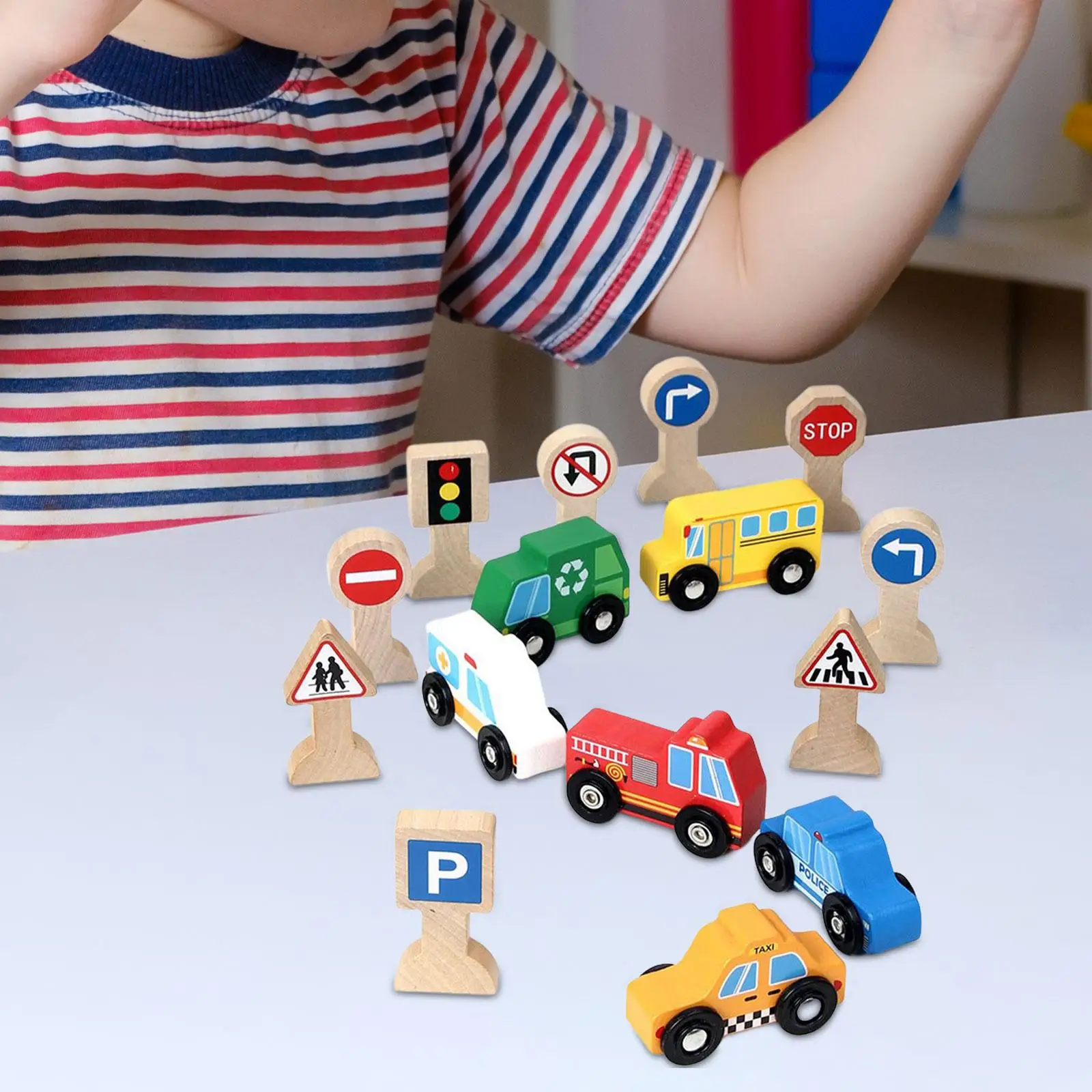 Wooden Cars Toys Wooden Street Signs Playset Educational Toy Mini Toy Vehicles for Boys Children Toddlers Kids Holiday Gifts