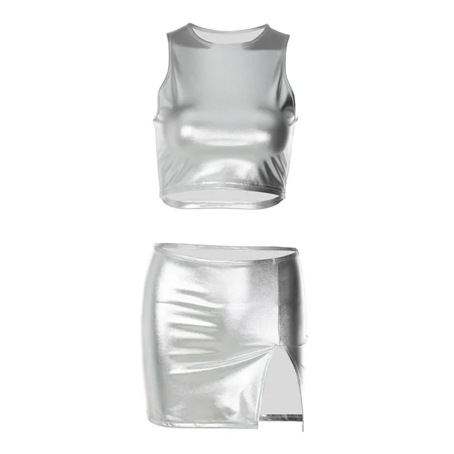 Metallic Silver Two Piece Set for Women Club Party Short Sleeve T