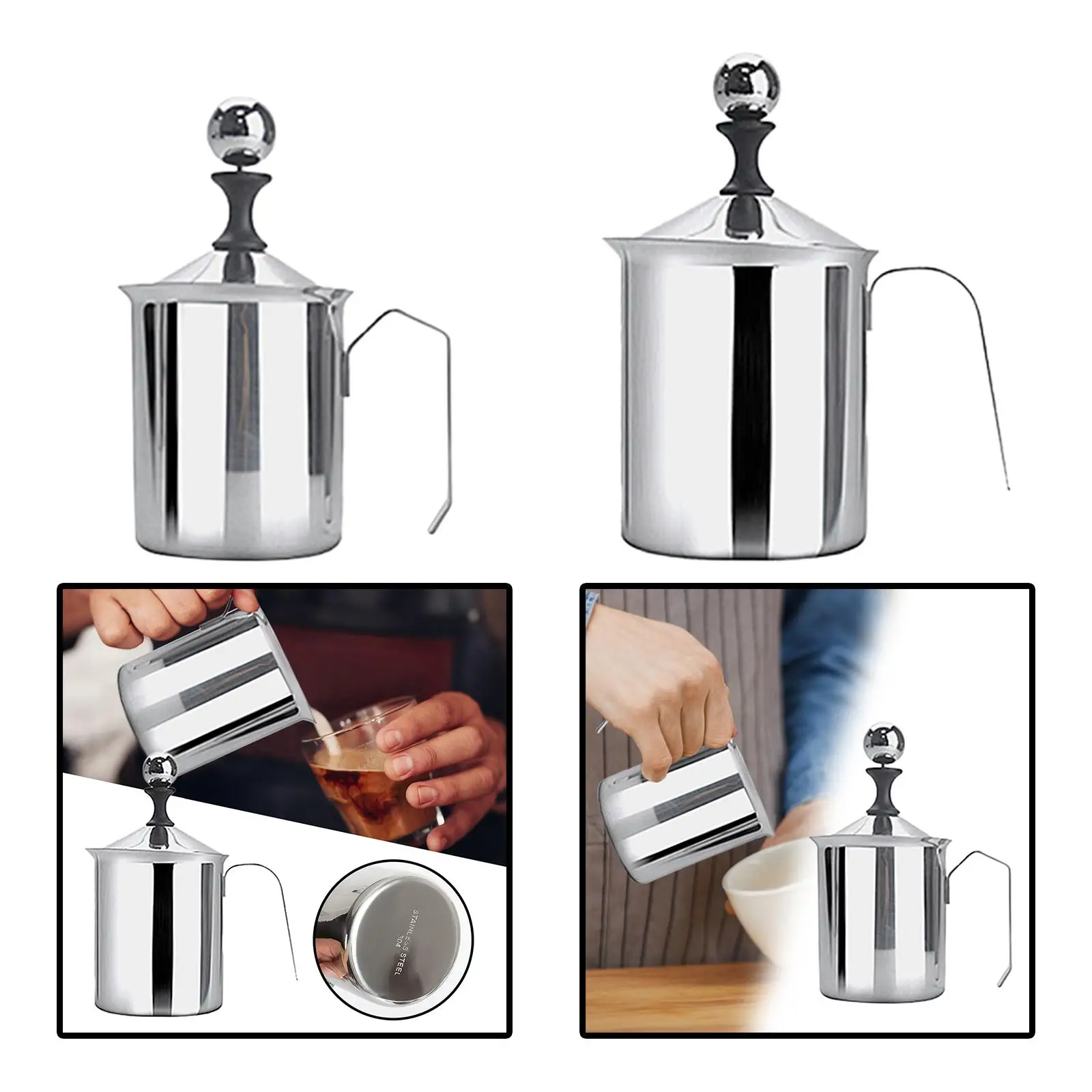 Stainless Steel Manual Milk Frother Coffee Creamer Comfortable Grip Handle Hand Pump Versatile Premium Material Durable with Lid