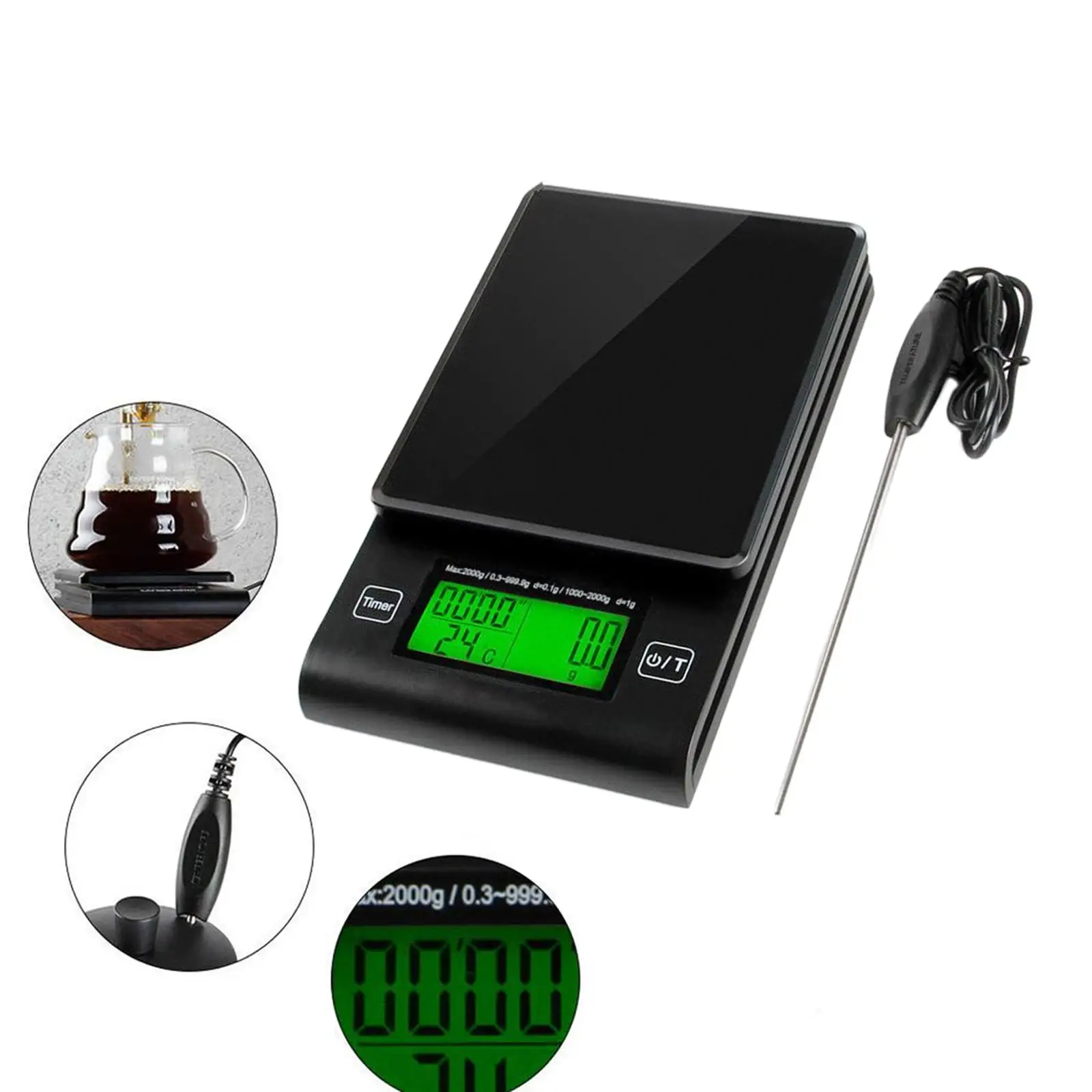 Multifunction Coffee Scales LED Display with Thermometer 0.5G/2kg Weighing Scale Electronic Espresso Scale for Cafe Home Kitchen