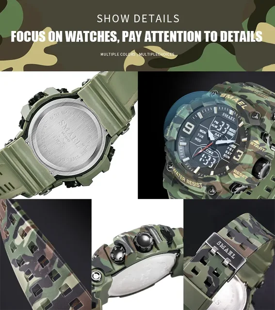  SMAEL Relojes deportivos para hombre, impermeable, militar,  fecha, multifunción, tácticas, LED, alarma facial, cronómetro, para hombre,  8049, Negro, Digital : Ropa, Zapatos y Joyería