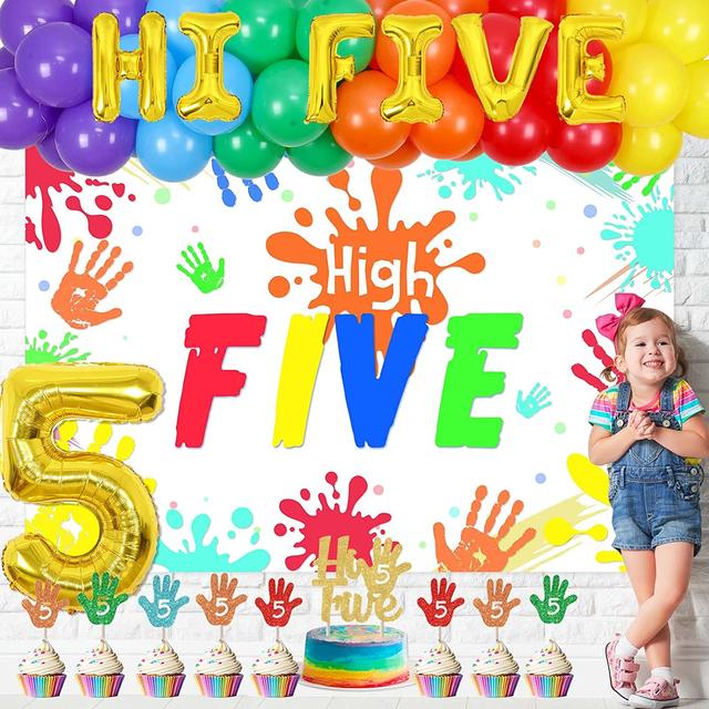 Sursurprise-Art Painting Balloon, Garland, Handprint Sticker, Glitter Cake  Topper Kit, Boy and Girl, 5th Birthday Decorations, S - AliExpress