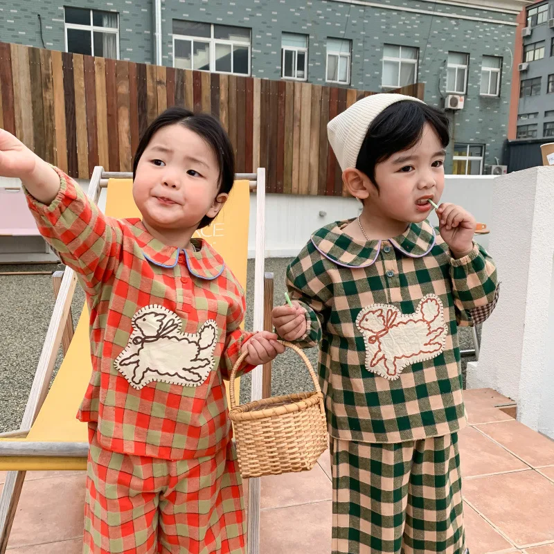 2022 Spring Autumn Unisex children casual plaid patch Pajama Sets Boys and girls cotton cartoon Loungewear pajama sets baby boy