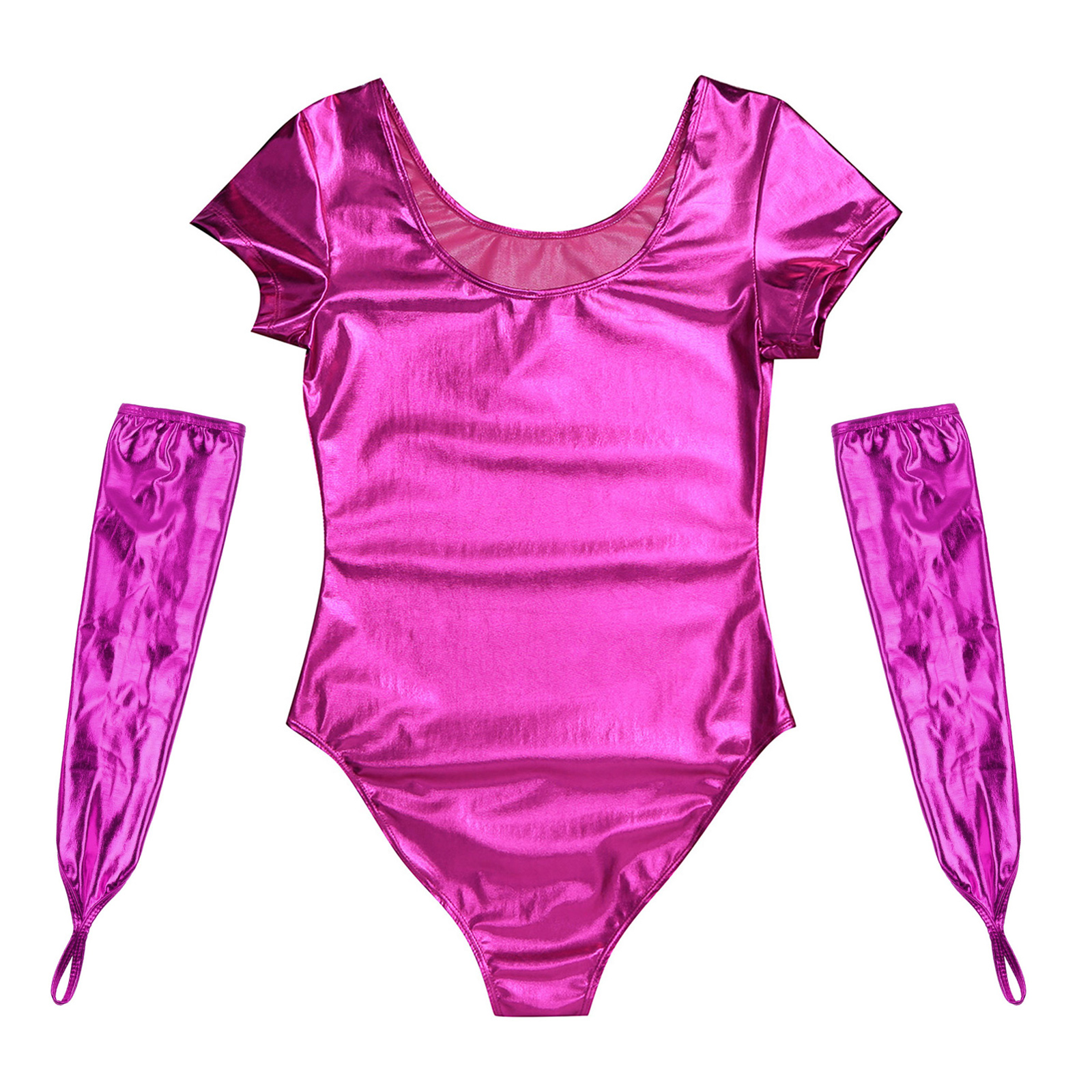 Damen glänzendes Lack leder Ballett Tanz kostüm Kurzarm einteiliger Trikot Body mit bogenlangen finger losen Handschuhen – Detail 13