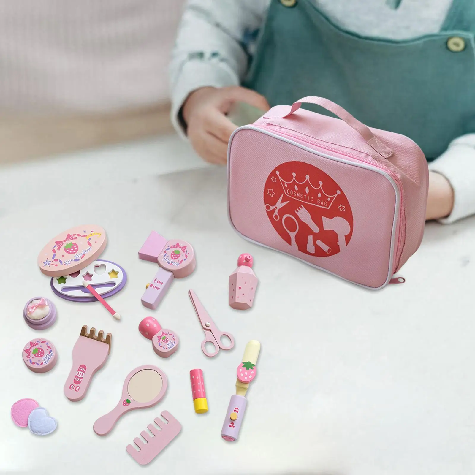 Miniature Pretend Makeup Game Washable Wooden with Cosmetic Bag Simulation Play House Toys Set for Game Role Play Toddler Girls