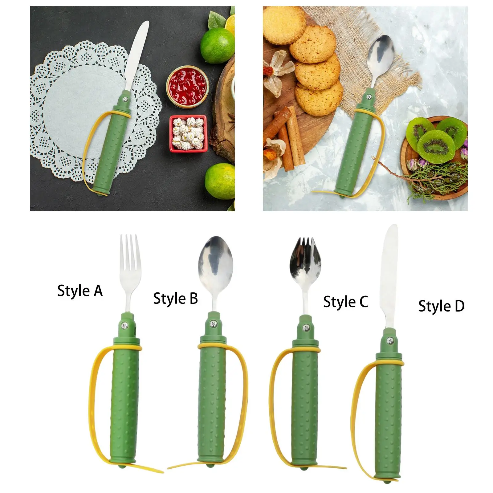 Easy Grip Spoon Fork with Silicone Holder Universal Anti Slip Anti shaking Stainless Steel Caring Utensils for Eating Elderly