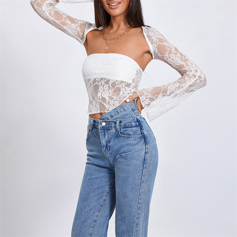 Ootddress Tube Top with Shrug Women Sexy See Through Strapless Bandeau Vest and Long Sleeve Cover Up Lace Clothes Party Clubwear