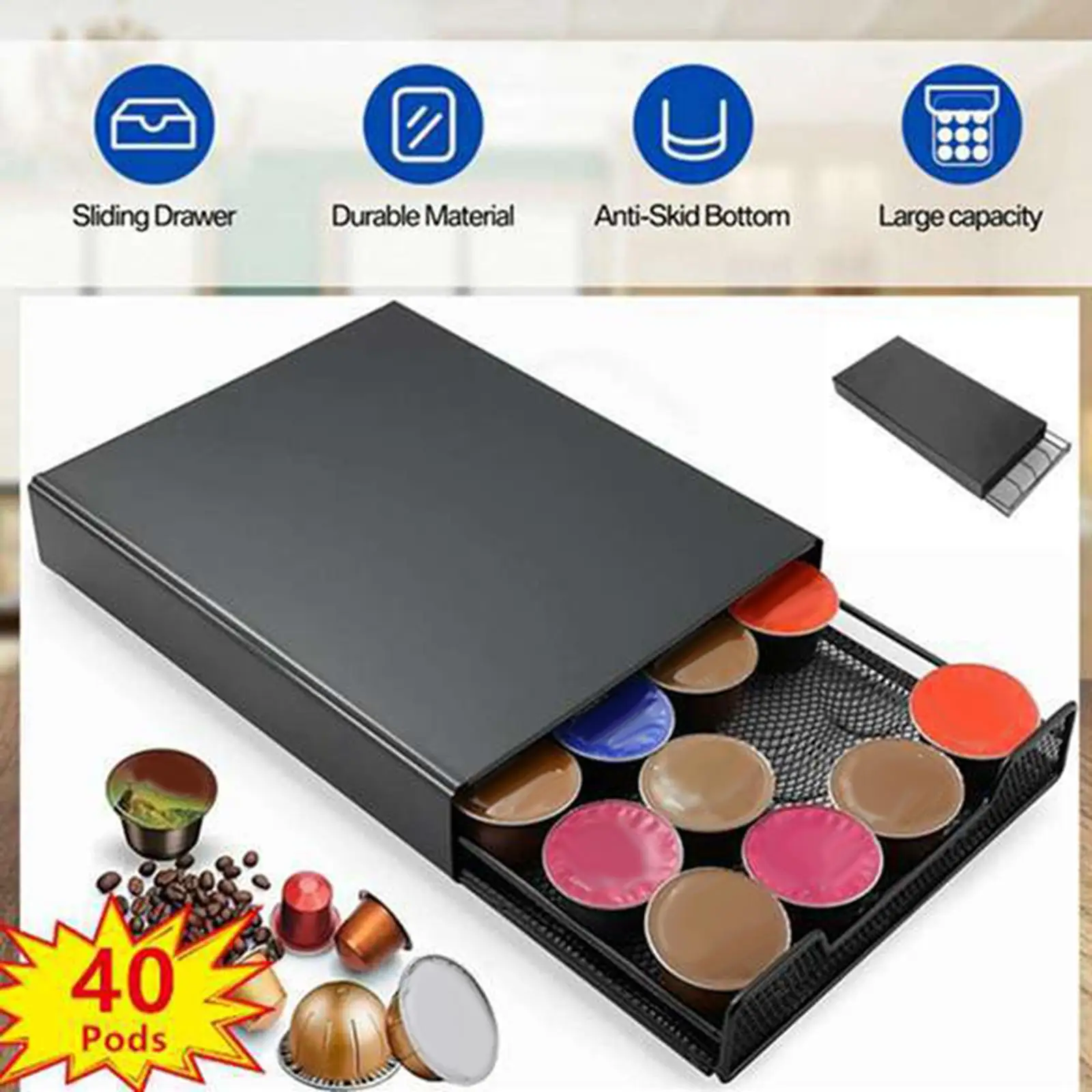 Metal Coffee Pod Holder Drawer Storage Stores 40 Pod Black Color Sliding Display