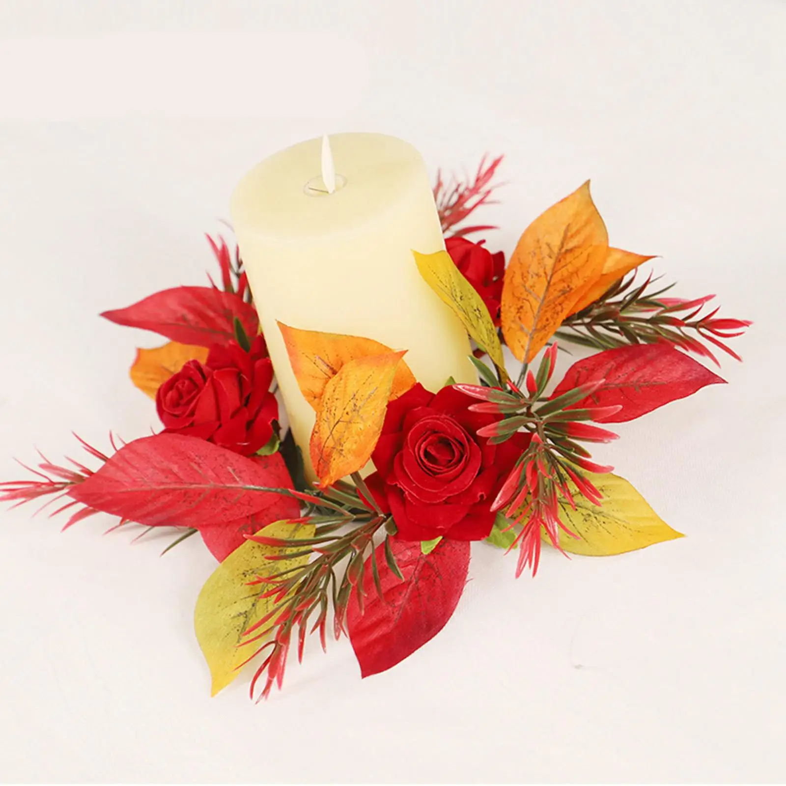 Candle Ring Wreath Fall Wreath Decorative Maple Leaves Wreath Candle Holder Rose Wreath for Centerpieces Festival Living Room