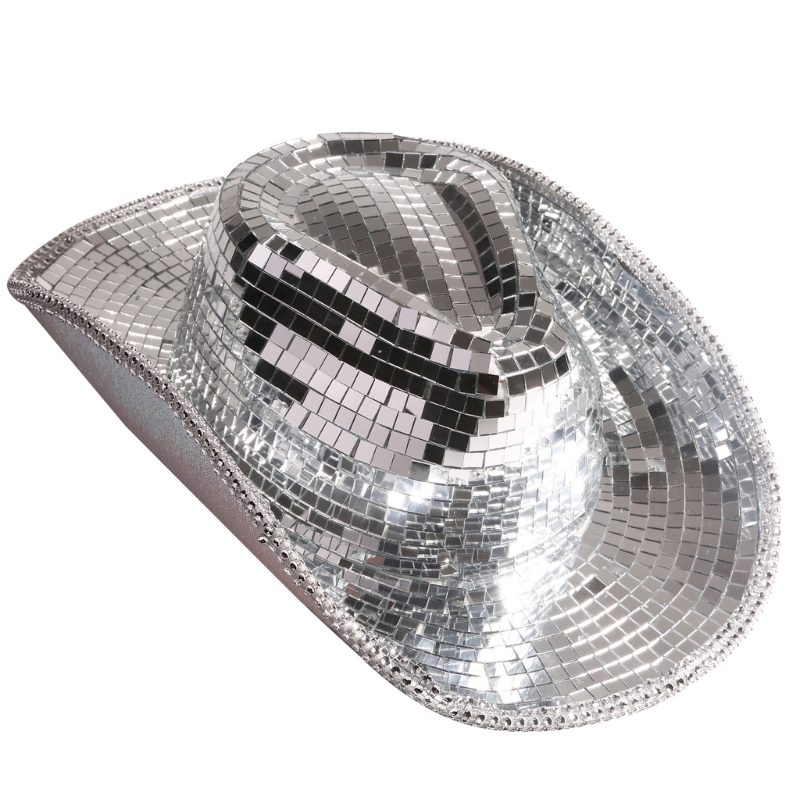 Reflektierender Cowboyhut mit verspiegelter Glitzer-Disco-Kugel, glänzend für Junggesellenabschied – Detail 1