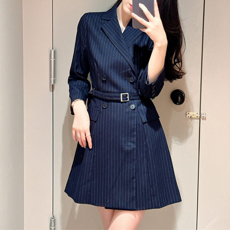 Kuzuwata Japanese Stripe Robe Femme Autumn Winter New Women 2022 Suit Style  Vestidos Double Breasted Slim Waist Belt Dress - Dresses - AliExpress