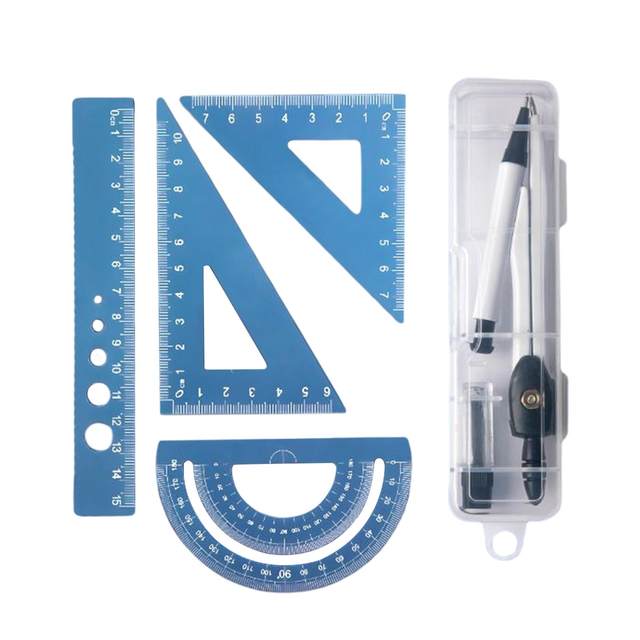 5 Pieces Math Geometry Kit Compass Aluminium Alloy Ruler Set Triangle Ruler Multifunctional for Classroom Drawing Drafting