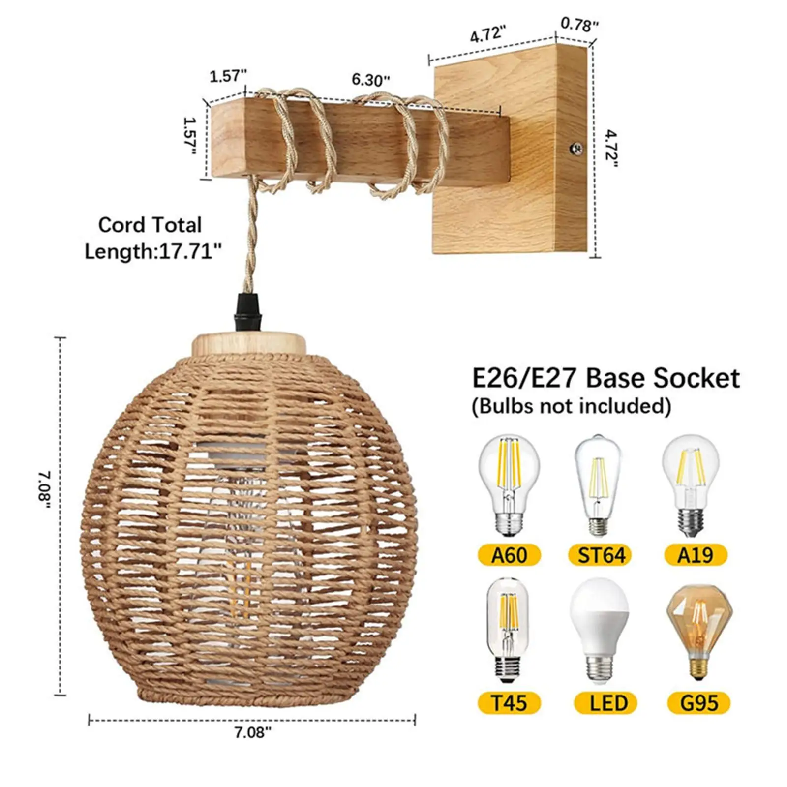 Rattan Wall Lamp Handwoven Lamp Shade Cover Dining Room Wall Lights Fixtures