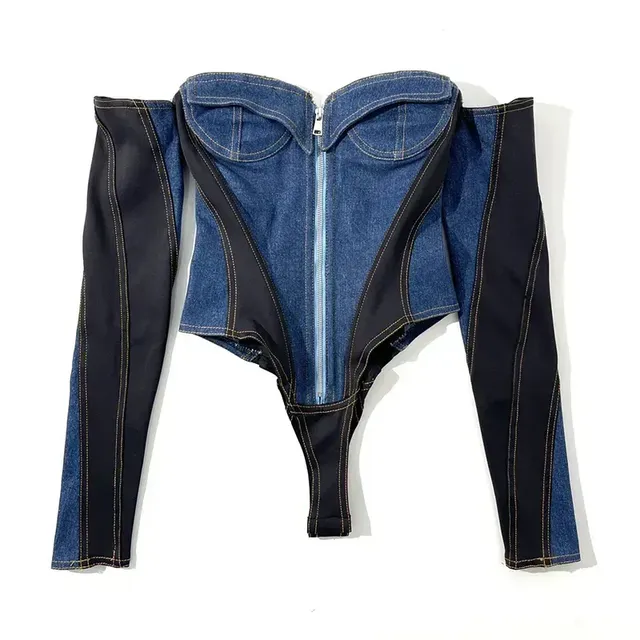 Denim Bodysuit Long Sleeve Off Shoulder 13