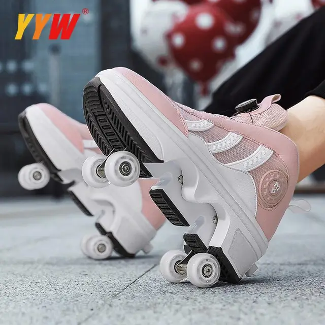 Chaussures de patins à roulettes doubles nucléodéformées avec tête de  frein, baskets de marche et de course, rétractables et invisibles, adultes  et enfants, quatre roues - AliExpress