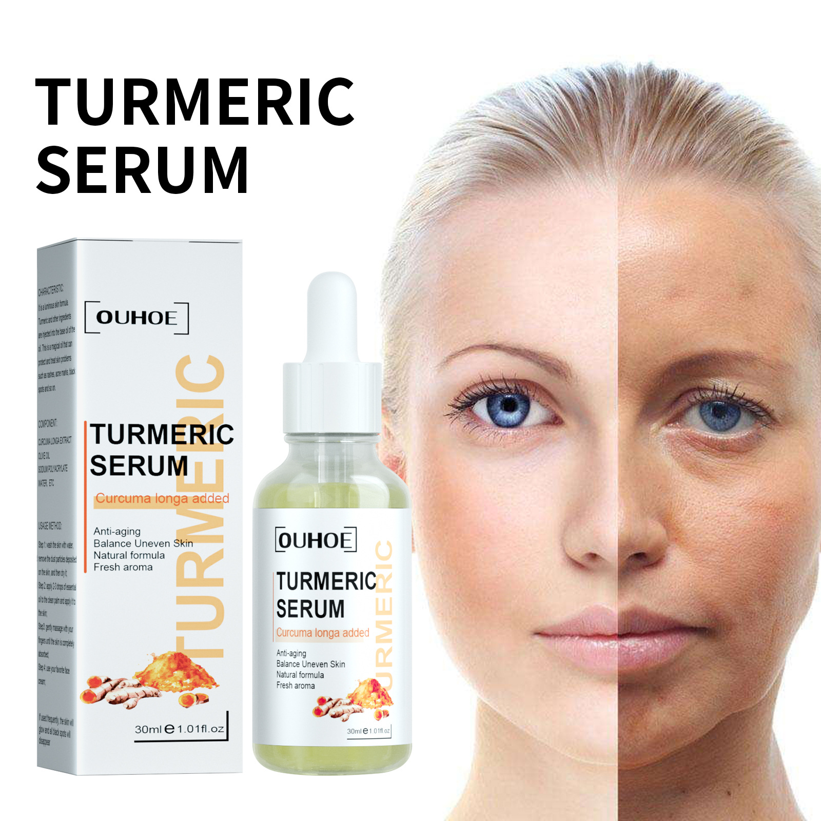 Turmeric Face Serum Whitening Dark Spots Remover Lighten Melanin Anti-Aging Reduce Fine Lines Brightening Improve Dull Skin Care_voghion.com