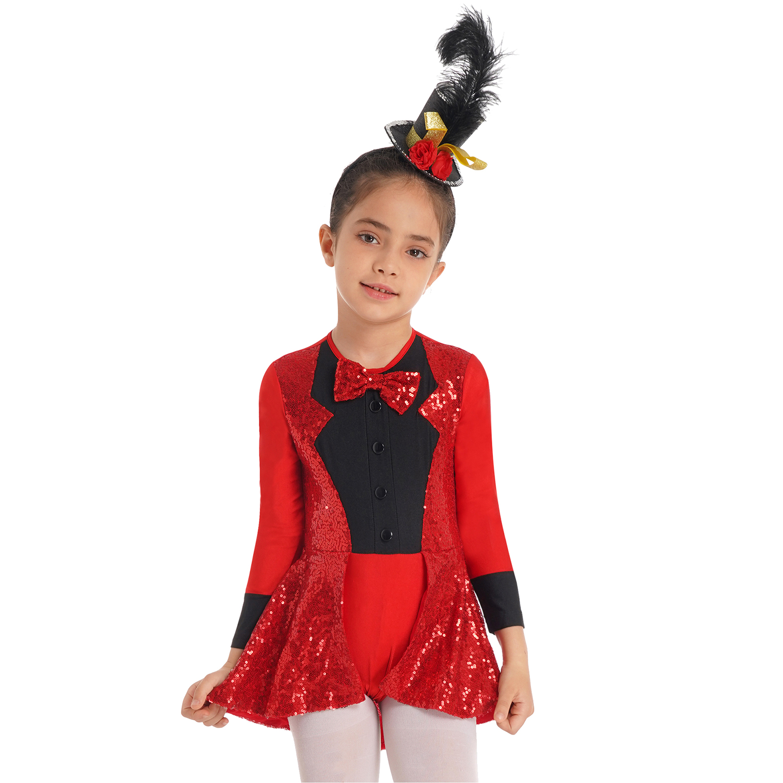 Kind Mädchen Zirkus Zirkus meister Magier Cosplay Leistung Bodysuit Kleid Langarm Fliege Pailletten Trikot Jazz Tanz kostüm – Detail 5