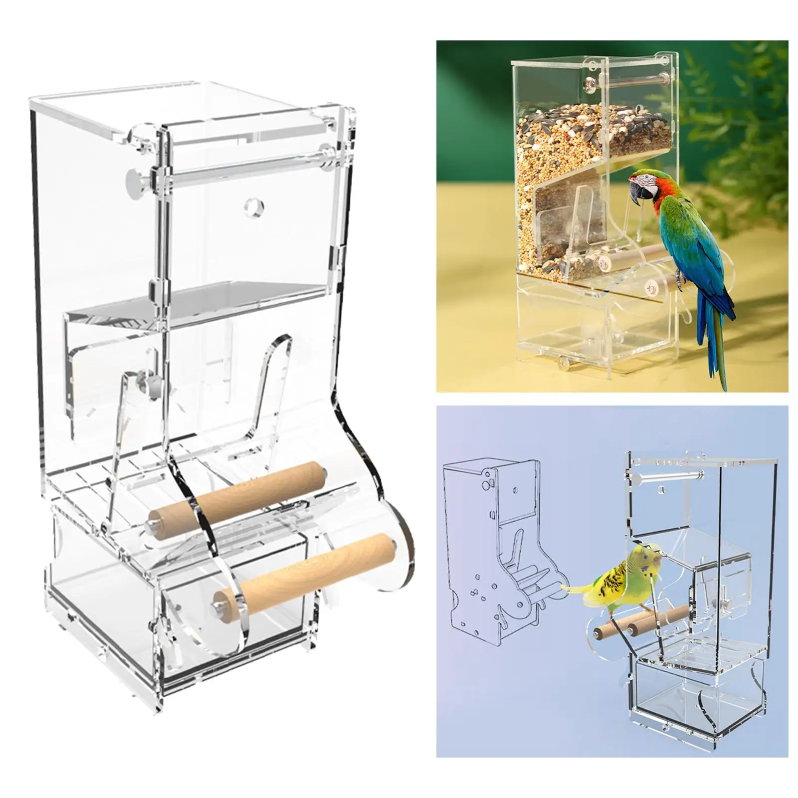 Bird Feeder Cage Hanging Clean Seed Food Container with Perch for Canary