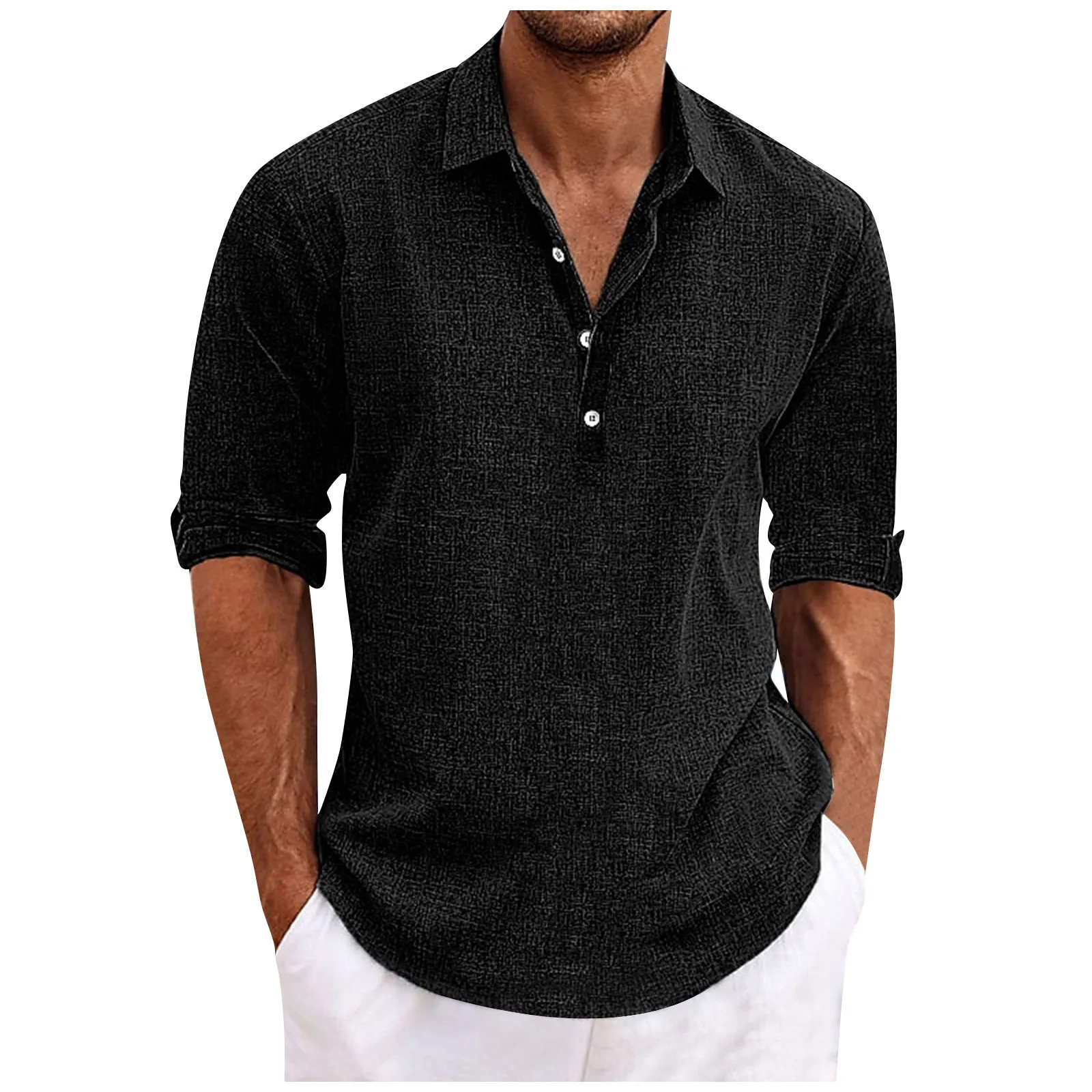 Camisa holgada de manga larga para hombre, ropa informal Vintage de algodón y lino, Color sólido