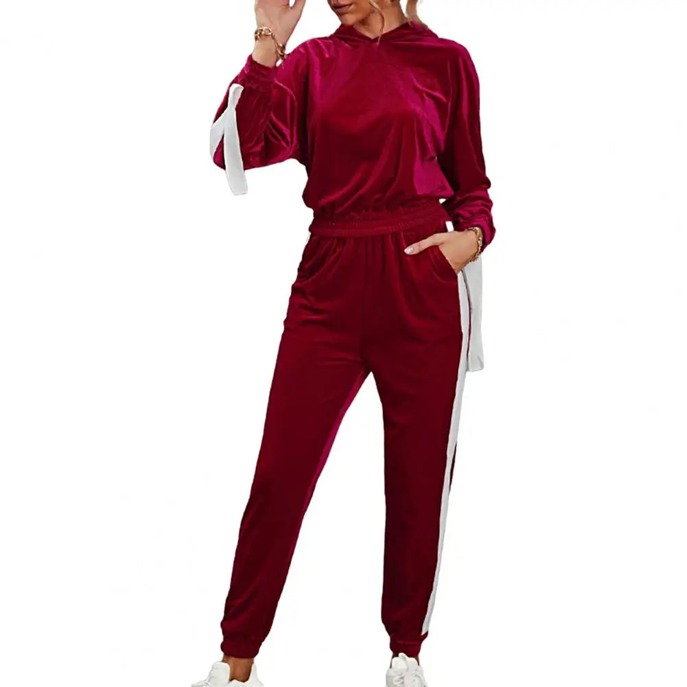 Женский Бархатный спортивный костюм, толстовка и штаны в полоску с эластичным поясом и капюшоном, комплект из двух предметов, уличная одежда, 1 комплект - купить по выгодной цене