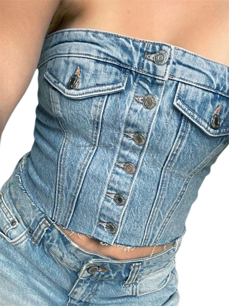 Botões Up Bustiers Espartilhos Strapless Denim Off