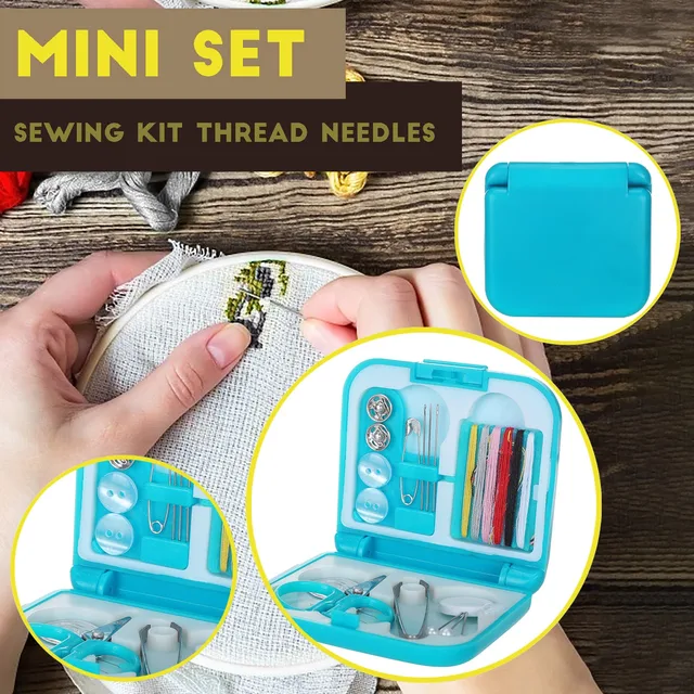 Portable mini travel sewing kits box with color needle threads pin scissor  sewing set with case