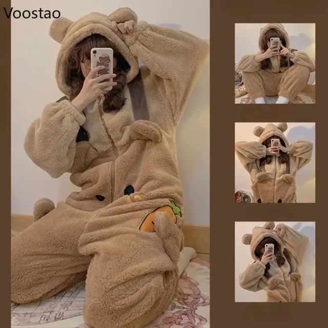Autumn Winter Women Cute Bear Onesie Home Pajamas Warm Coral Fleece Kawaii  Hooded Homewear Sleepwear Girls