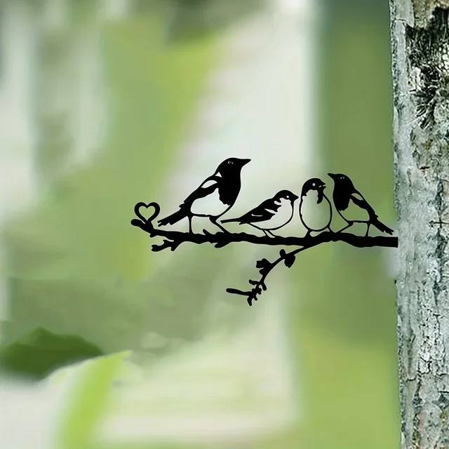 Déco Murale Oiseaux Sur Branche - Lot De 4 Pièces Métal Noir - Intérieur/Extérieur - Facile à Installer