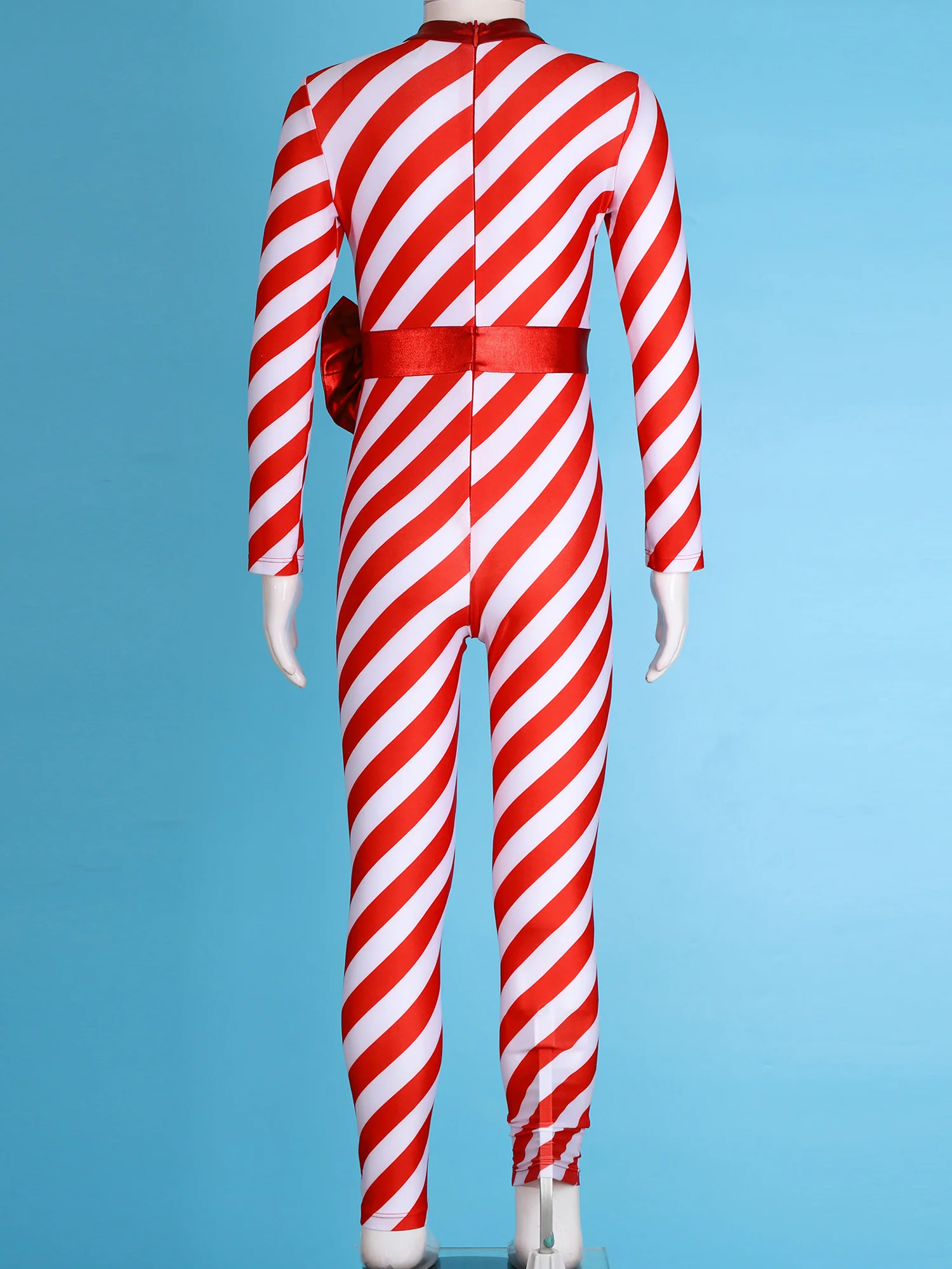 Girls Christmas Candy-Cane Bowknot Striped Jumpsuit