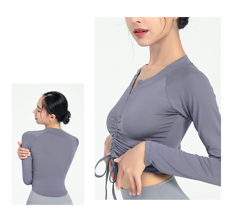 Langarm Shirt Halb Zip Vorne Kordelzug Yoga Tops Frau Sport Active Lauf Oben für Fitness Weibliche Bluse Gym Frauen – Detail 10