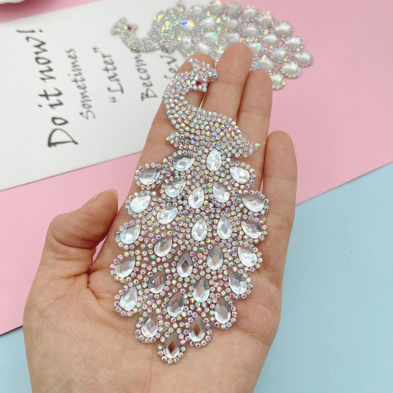 Description Picture 2 of item2pcs/lot 4CM Sparkling Rhinestone Flower Peacock Pattern Clothes Patches Fashion Sequined DIY Appliques Bling Iron On