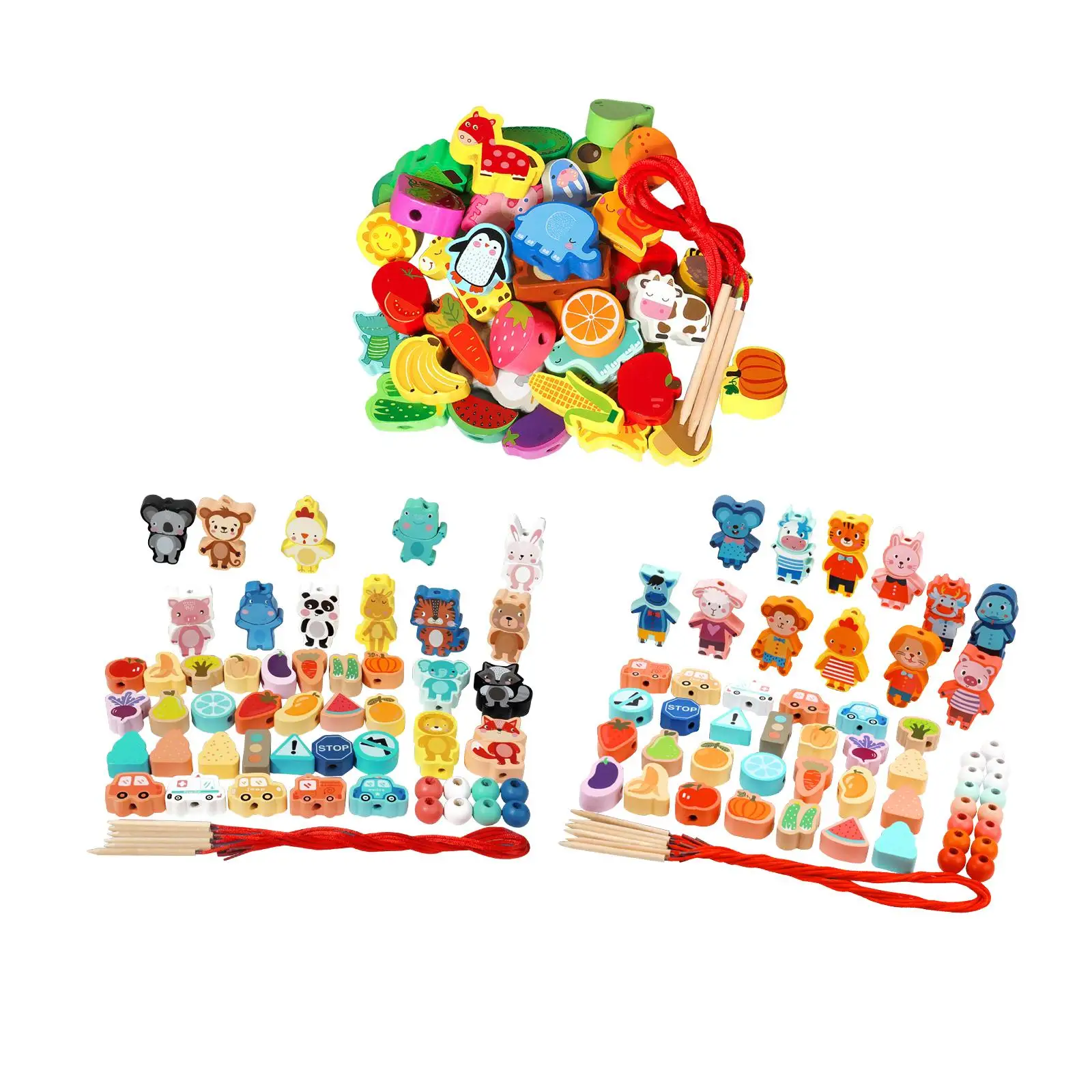 Cartoon Wooden Lacing Beads Fine Motor Skills Toy Preschool Learning for Kids