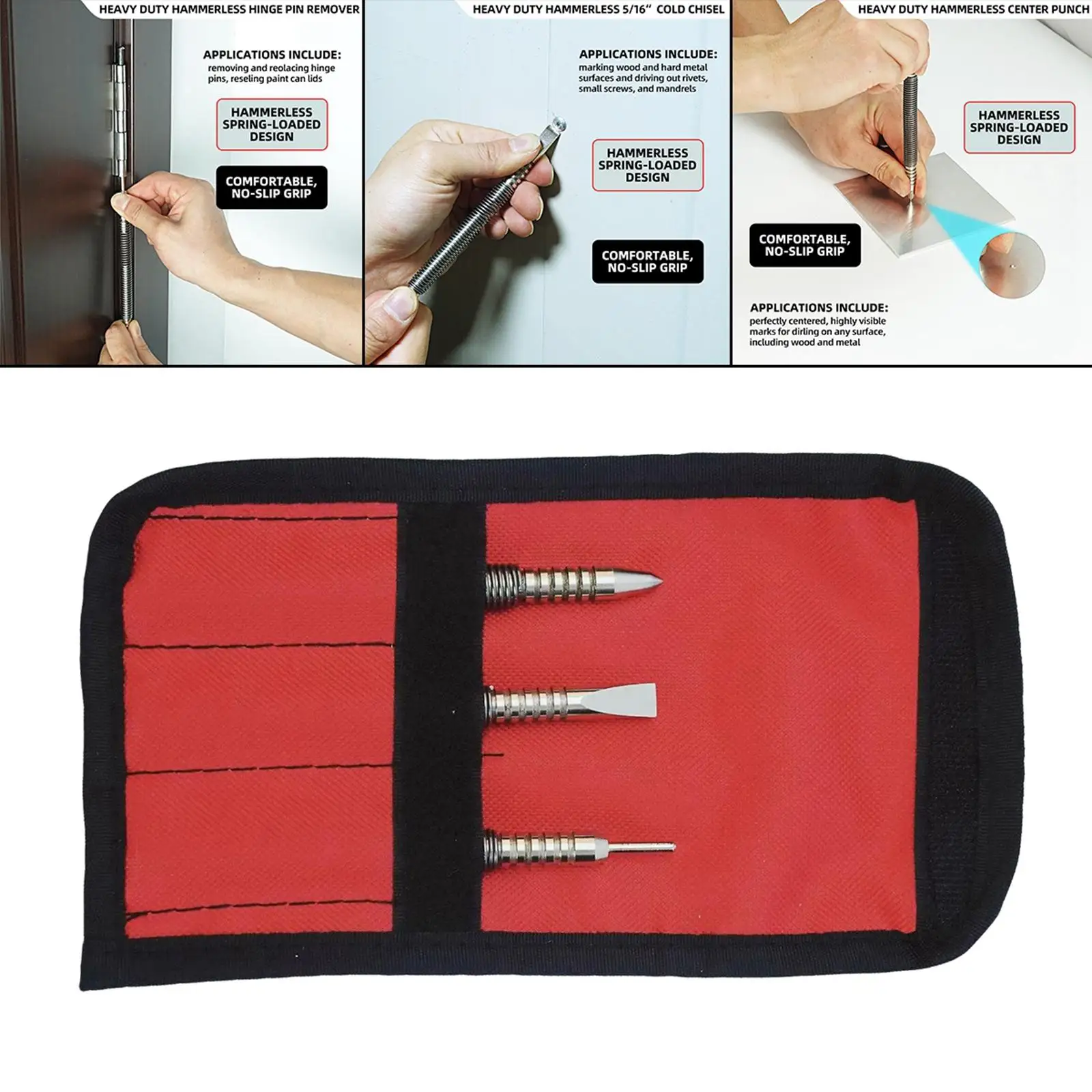 3x Hinge Pin Removerand Cold Chisel Center Punch Set with Storage Pouch Steel Hammerless Spring Punch Tool Set for Wood Working