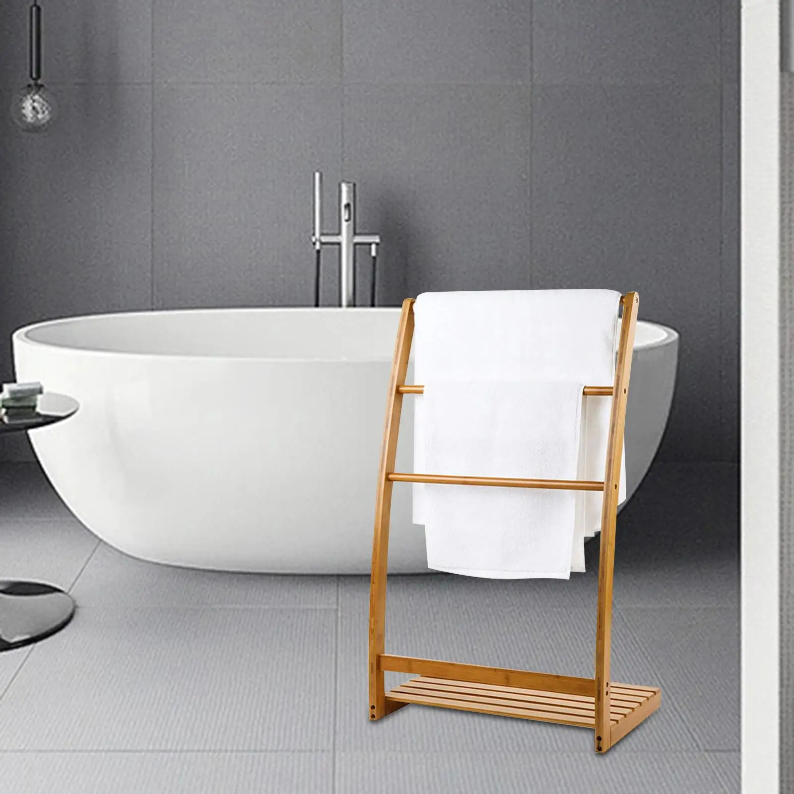 Rustic Bamboo Bathroom Towel Drying Stand Holder Bathroom Towel Stand Free Standing Blanket Rack for Hand Towel Washcloth