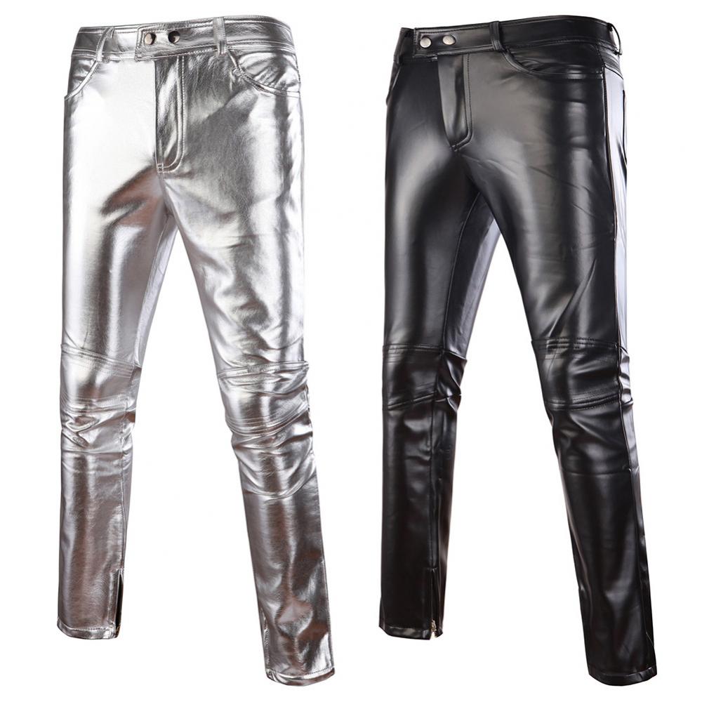 Description Picture 6 of itemPants Solid Color Button Casual Plus Size Men Trousers Autumn Winter Faux Leather Skinny Motorcycle Club Performance Jeans