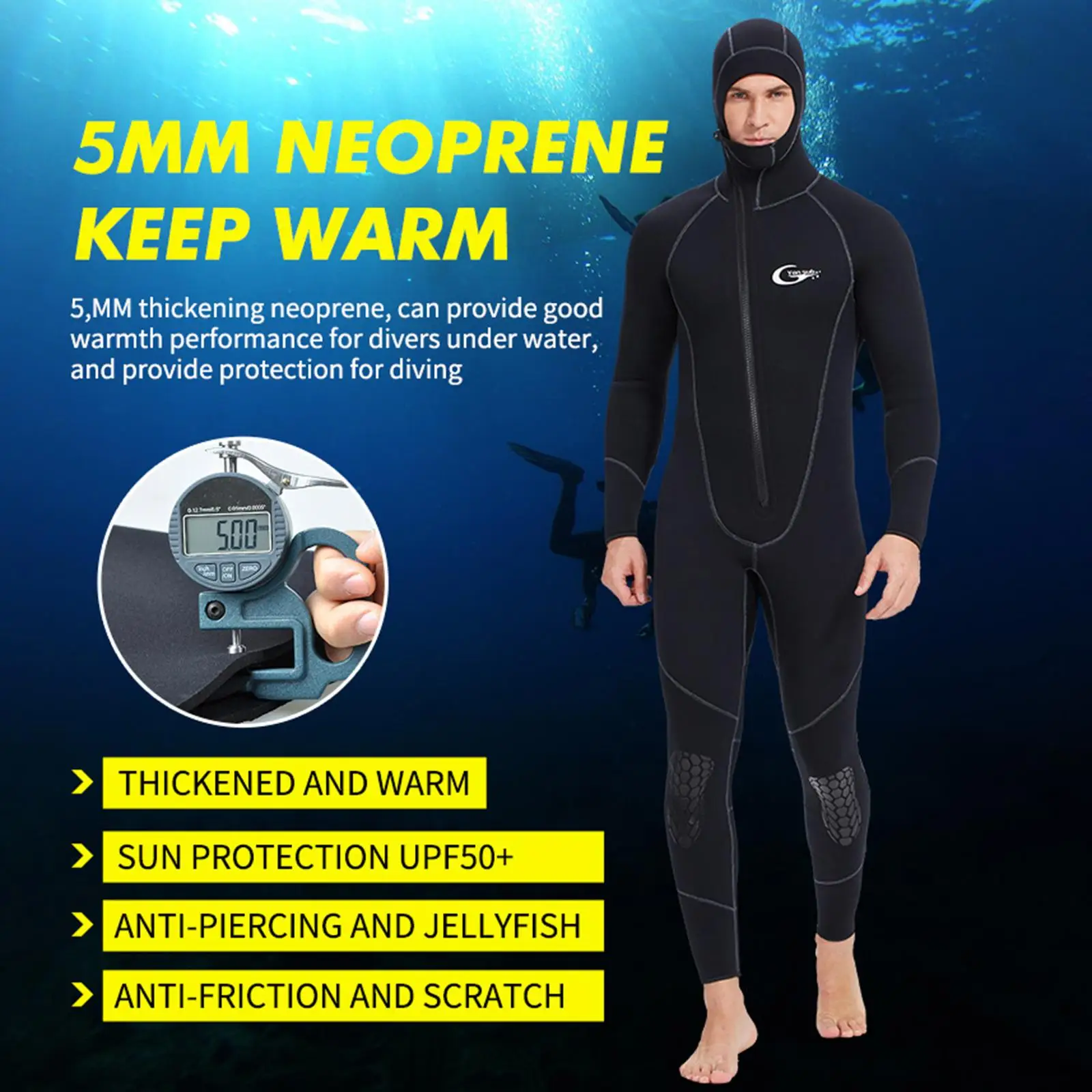 Mens Wetsuits Jumpsuit Full Body 5mm Neoprene Hooded Wet Suit Swimming Suit for Water Sports Kayaking Snorkeling