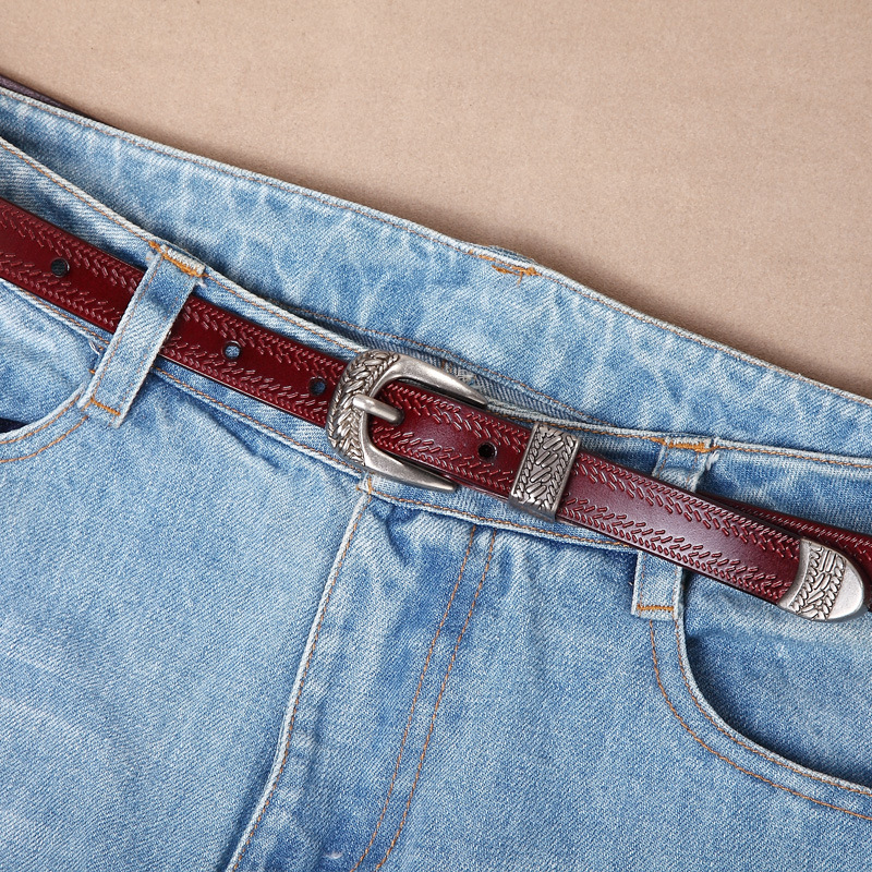 Neue Mode Frauen Dame Vintage Boho Metall Leder Doppel Schnalle Taille Gürtel Bund frauen Echt Leder Rindsleder Gürtel 1,8 cm – Detail 6