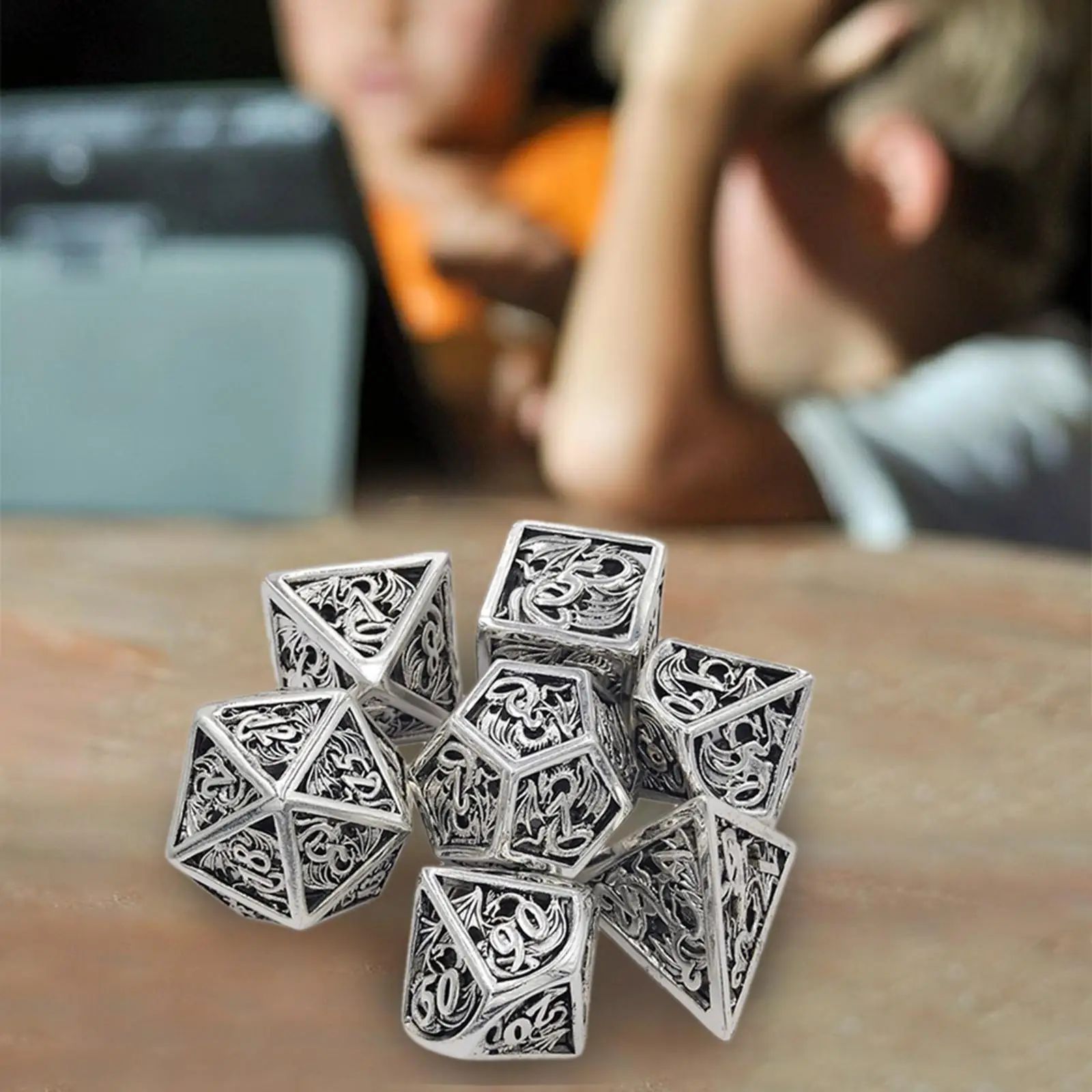 7 Polyhedral Dices, D Die, D20 D12 D10 D% D8 D6 D4 Dragon Pattern for Party Favors, Entertainment, Board Game, Math Teaching,