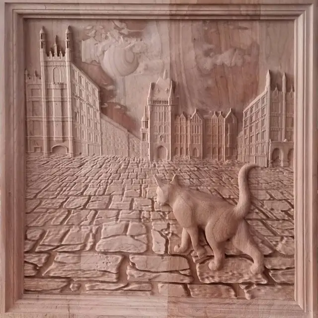 Cat on Promenade 3D STL Model for CNC Router Engraving & 3D Printing Relief Support ZBrush Artcam Aspire Cut3D wood locator
