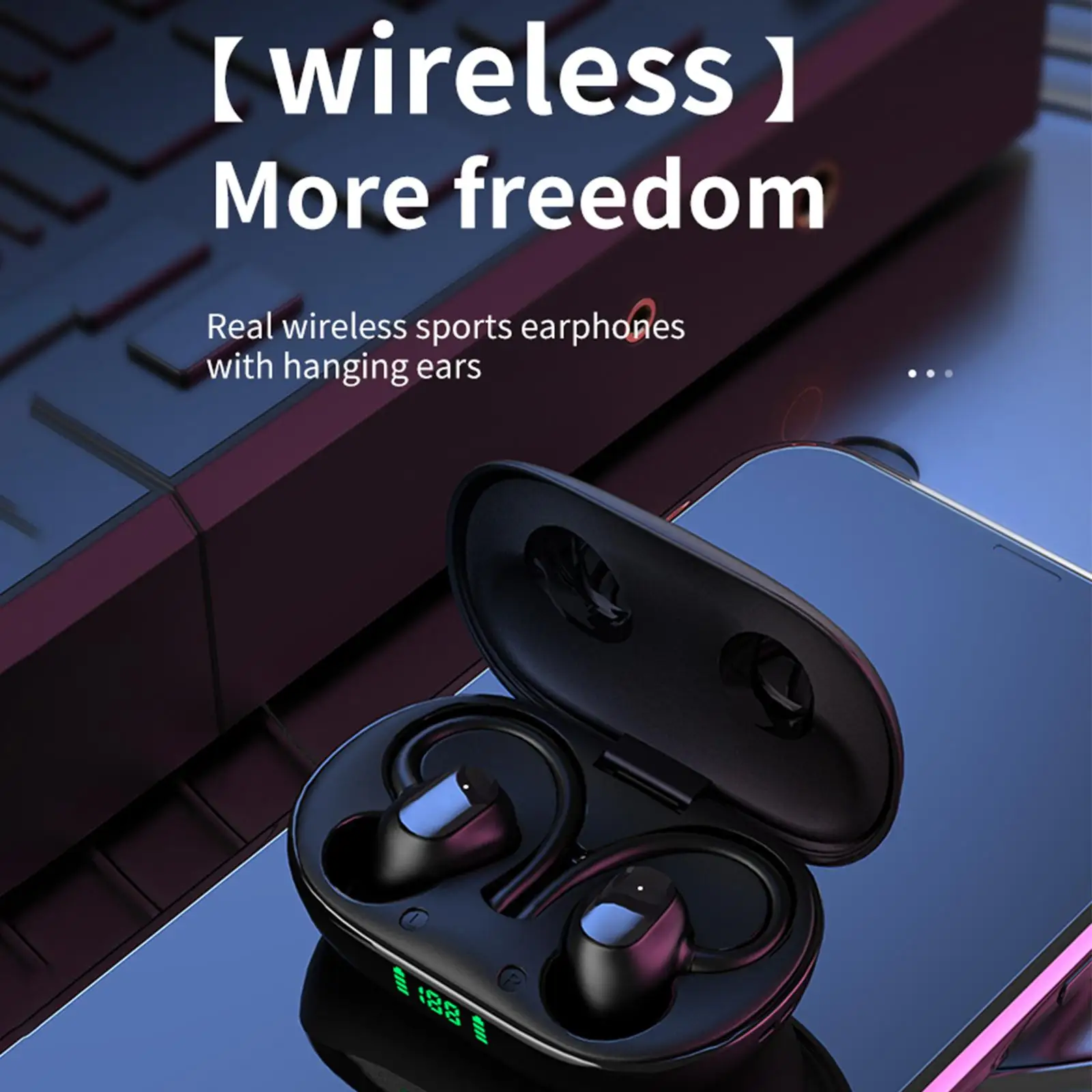 Waterproof Wireless Earphones Headphones with Earhooks for Workout Gaming Comfortable HiFi Sound Universal Power Display Music
