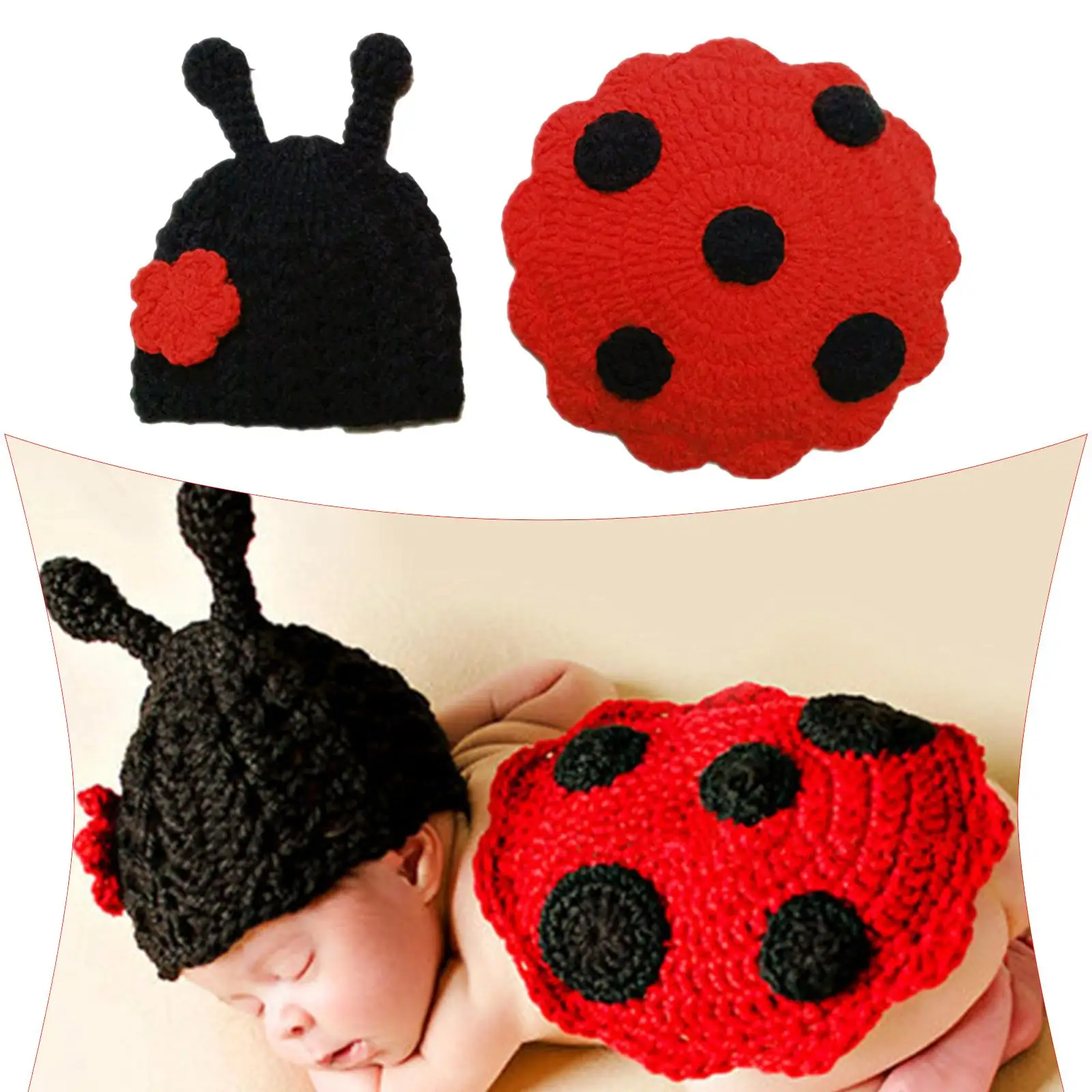 2Pcs/Set Newborn Ladybug Suit Costume Girls Crochet Knit 3 to 6 Months Clothes