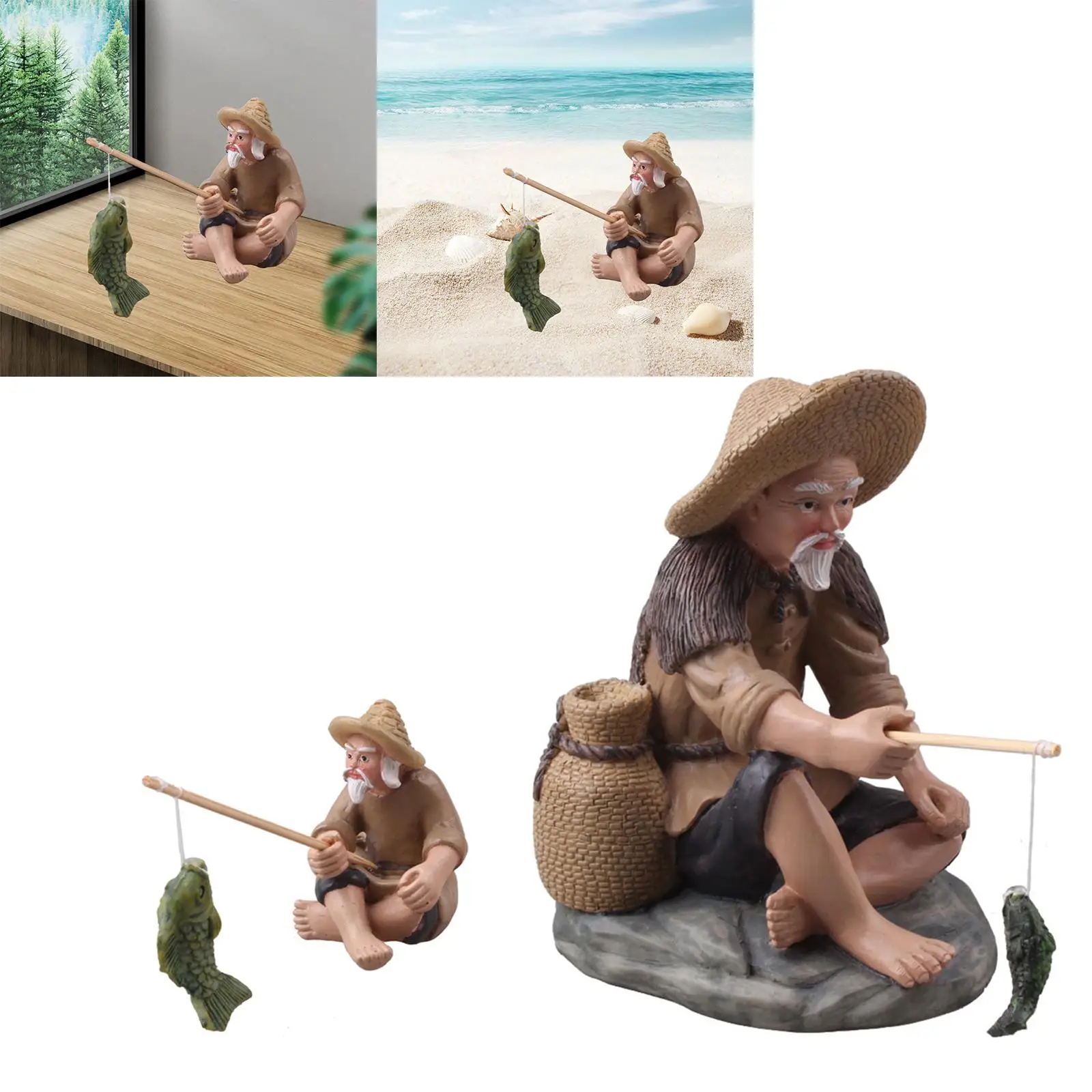 Simulation Fisherman Figurines Miniature Sculpture Fisherman Statue for Shelf Yard Cabinet Bonsai Micro Landscape