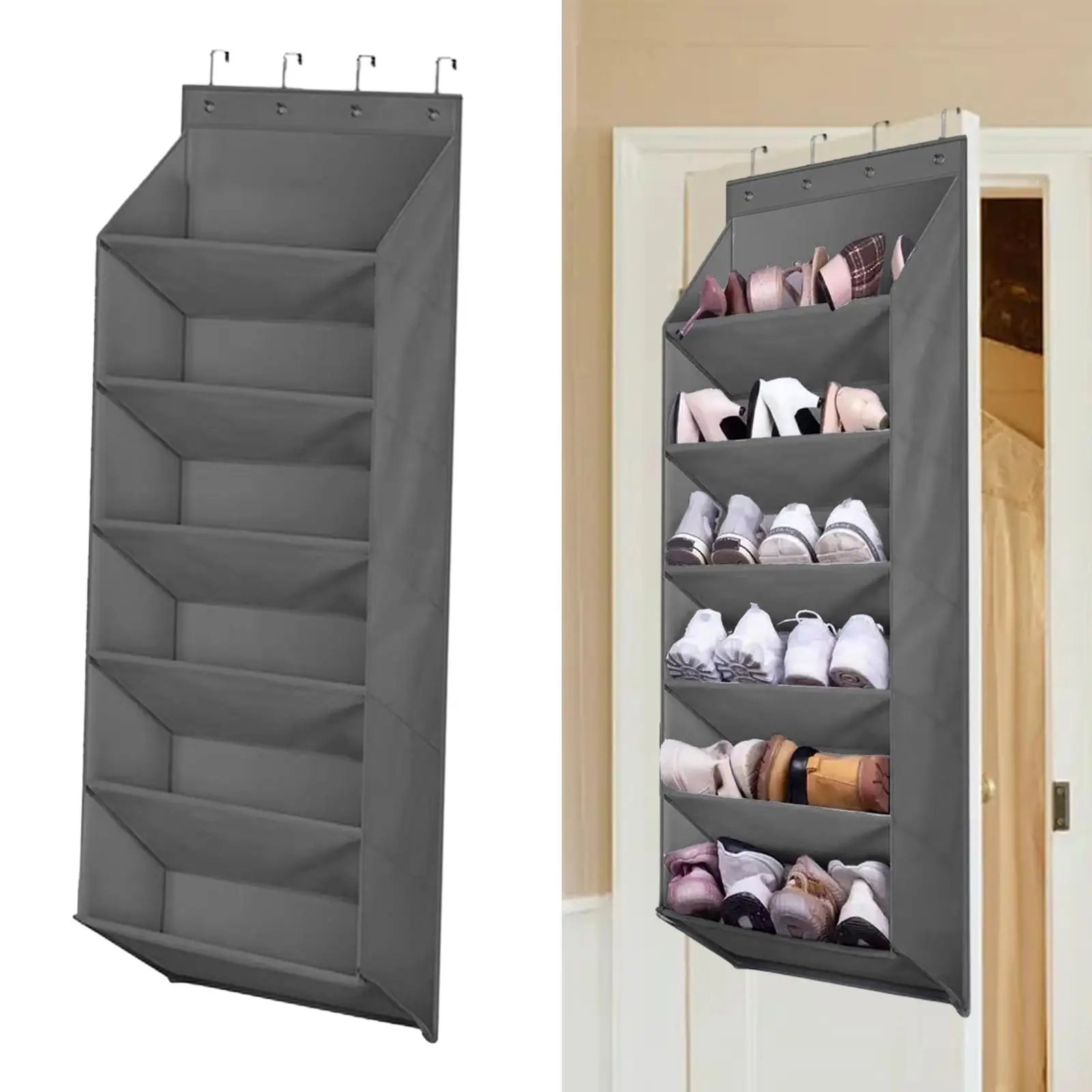 6 Tier Large Deep Pockets Door Shoe Rack with 4 Hooks Hanging Storage Bag for Closet Door for Toys 16 Pair Shoes Hats Baby Items